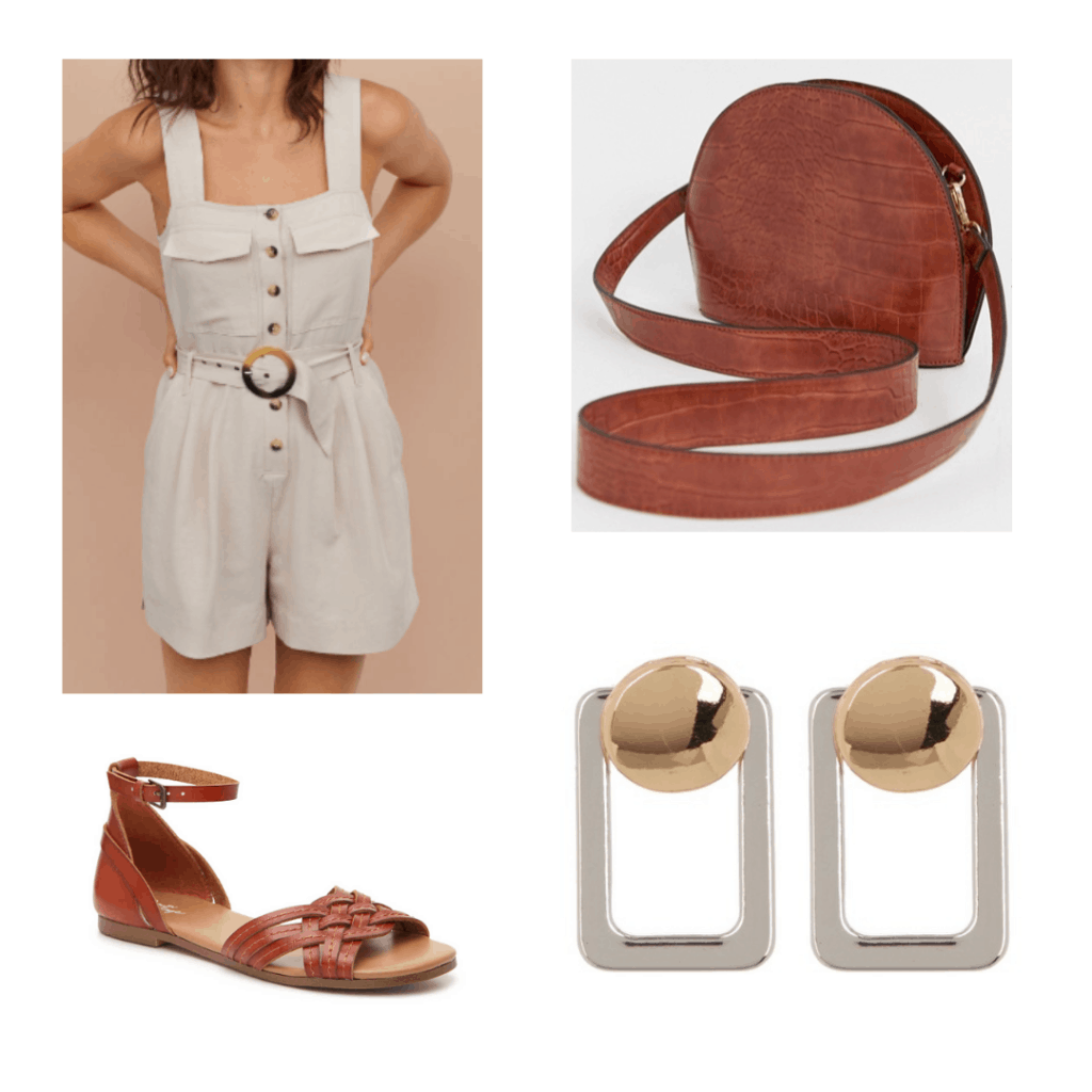 beige romper, half moon leather brown bag, brown sandals, geometric earrings