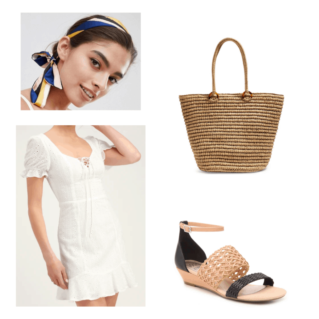 scarf headband, white summer dress, straw bag, two toned wedge sandal