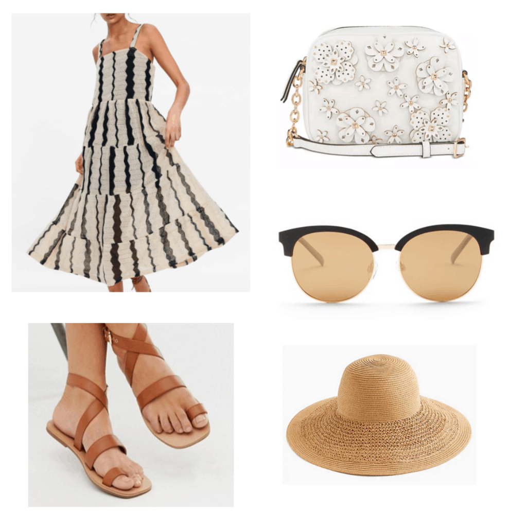 What to wear in Thailand: Outfit with striped weave dress, 3d flower camera bag, sunglasses, brown sandals, straw hat