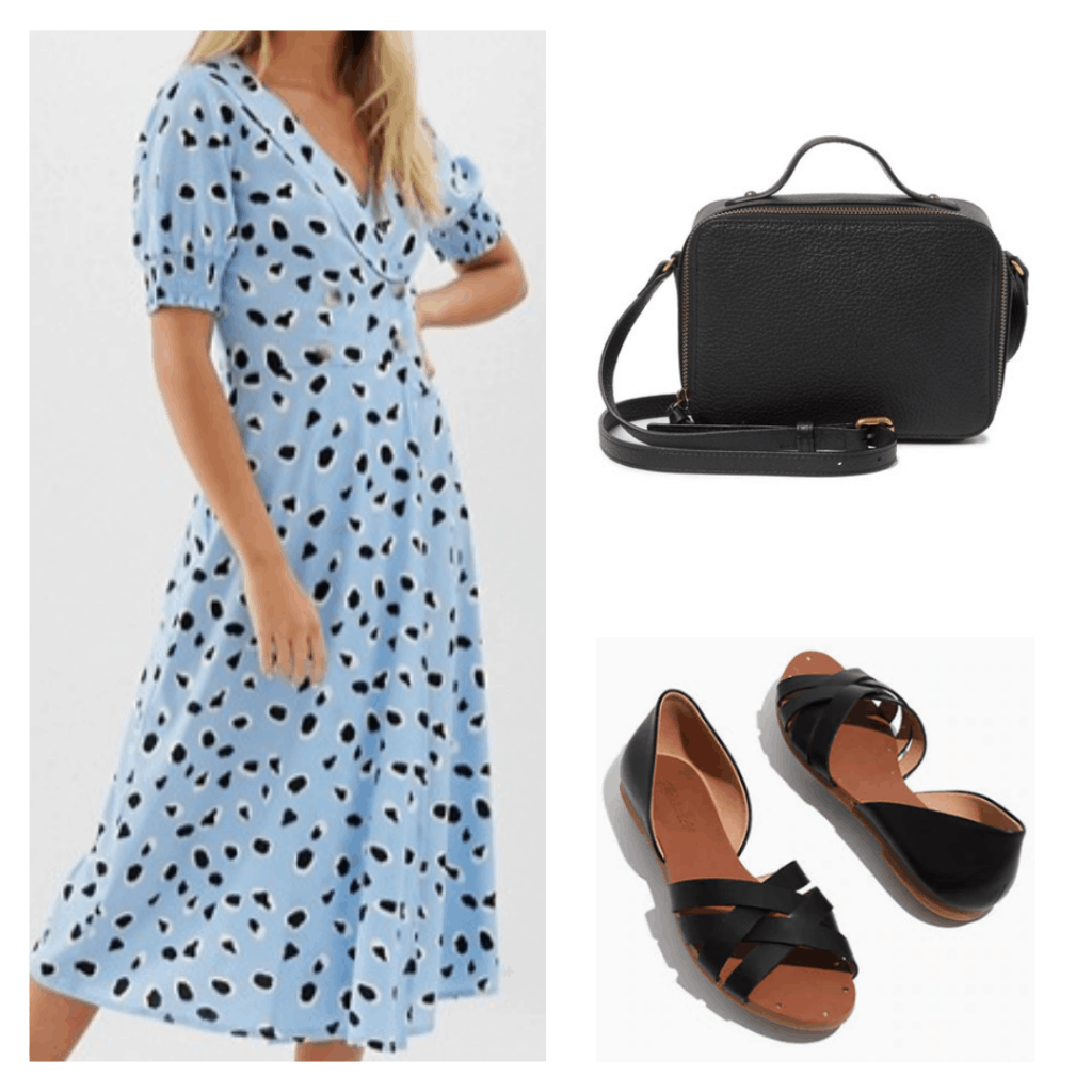 black and white spotted blue dress, black camera bag, black sandal flats