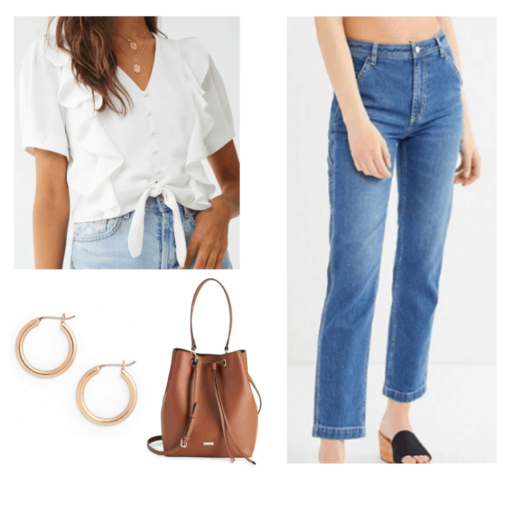 flutter tie white shirt, vintage jeans, gold hoops, brown bucket bag