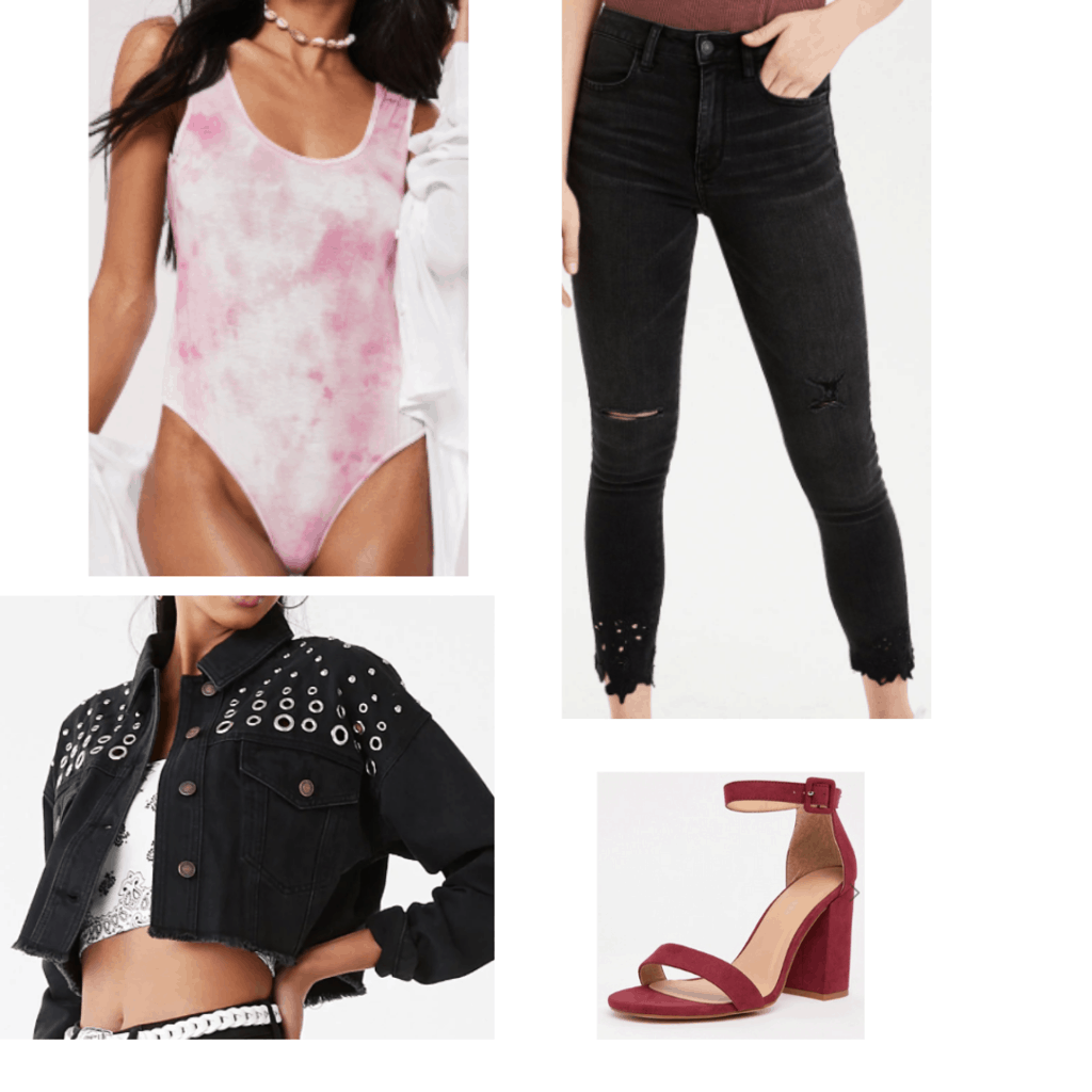 How to wear tie dye trend for a night out: Outfit idea with pink tie dye bodysuit, black ripped jeans, black grommet detailed jacket, red strappy heels