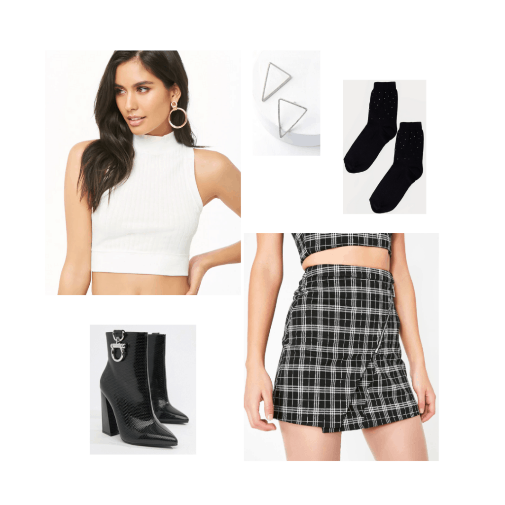 Simple crop top, black heeled boots, and matching accessories