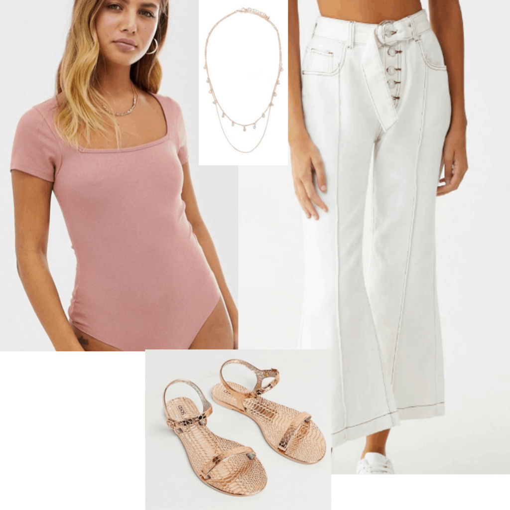 Outfits for class - cute outfit idea with rose pink bodysuit, white pants, gold sandals and jewelry