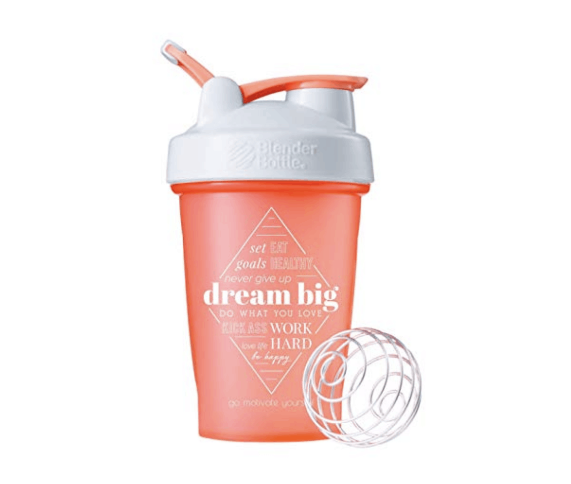coral blender bottle with words