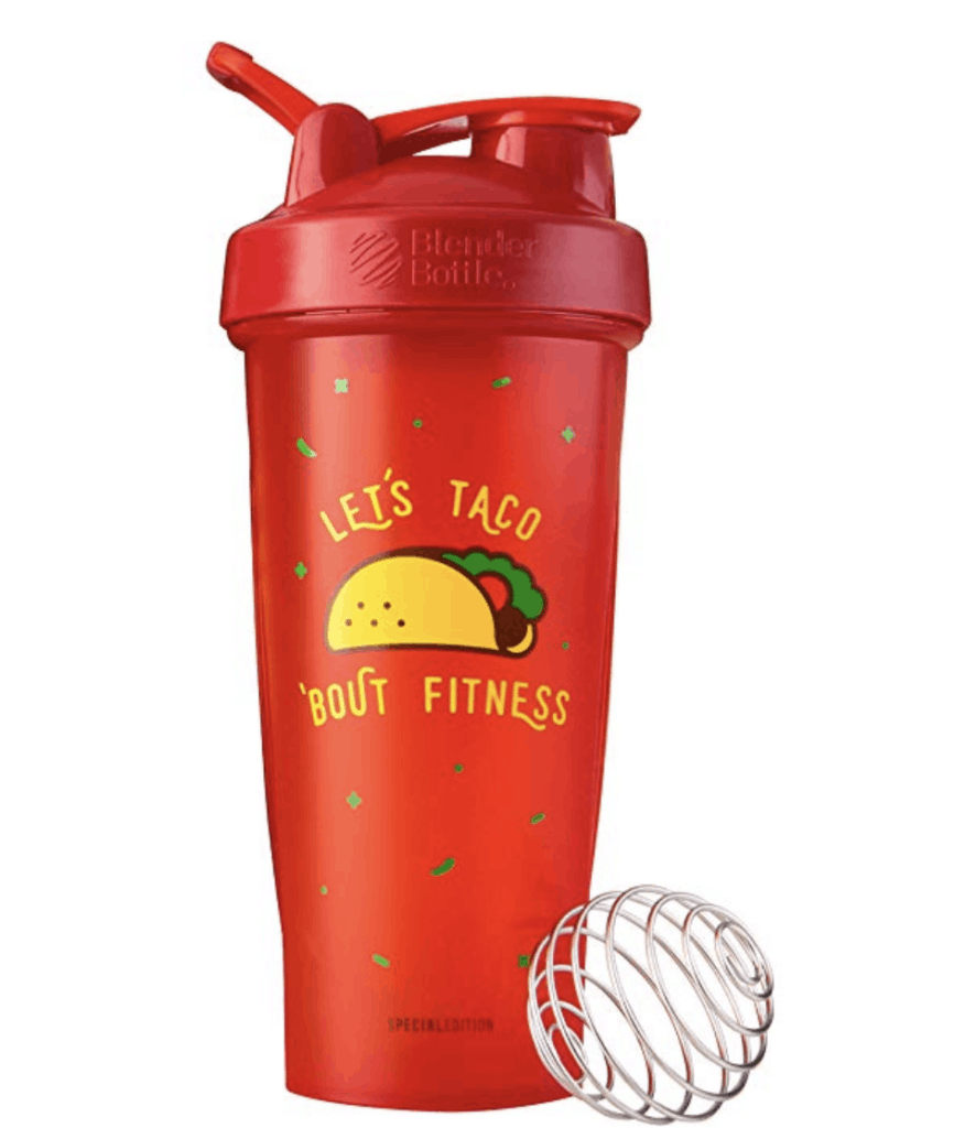 cute blender bottles - red blender bottle has a taco and quote "let's taco 'bout fitness"