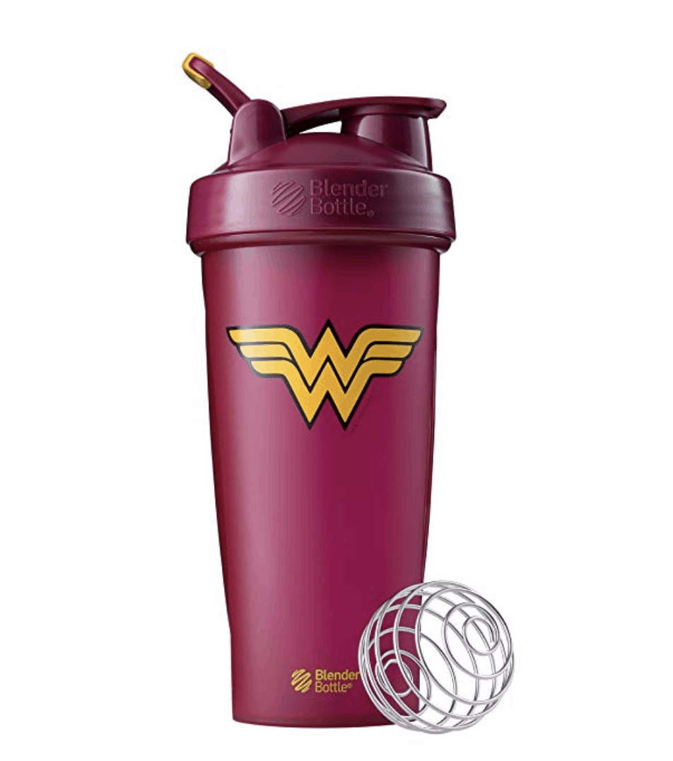 burgundy blender bottle with Wonder Woman logo