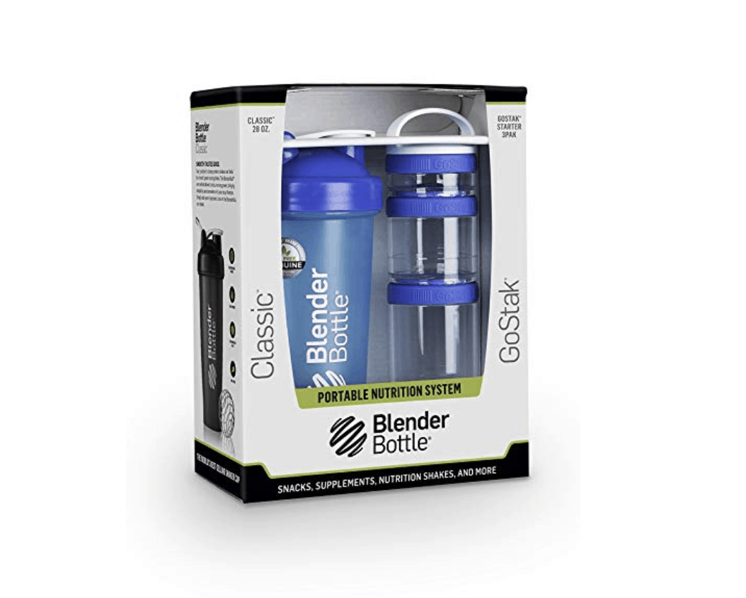 a box of blue blender bottle and stacked containers