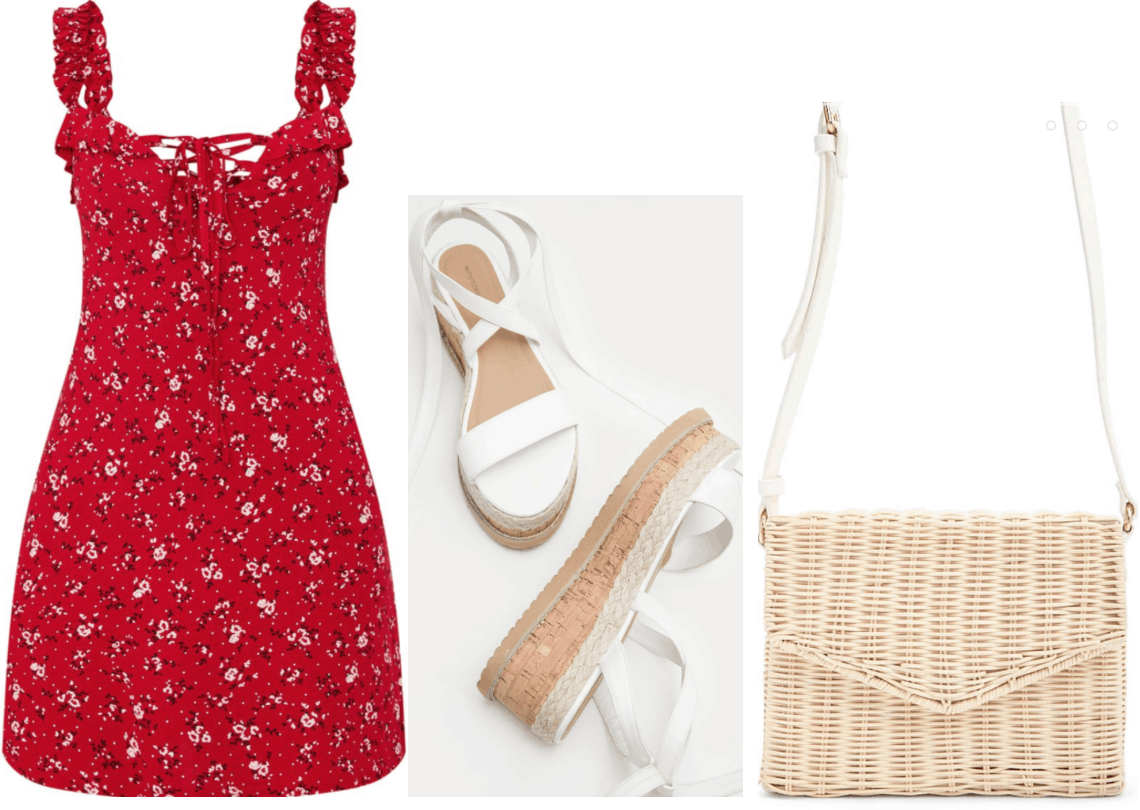 Lara jean Covey inspired outfit with red dress, flatform sandals, woven purse