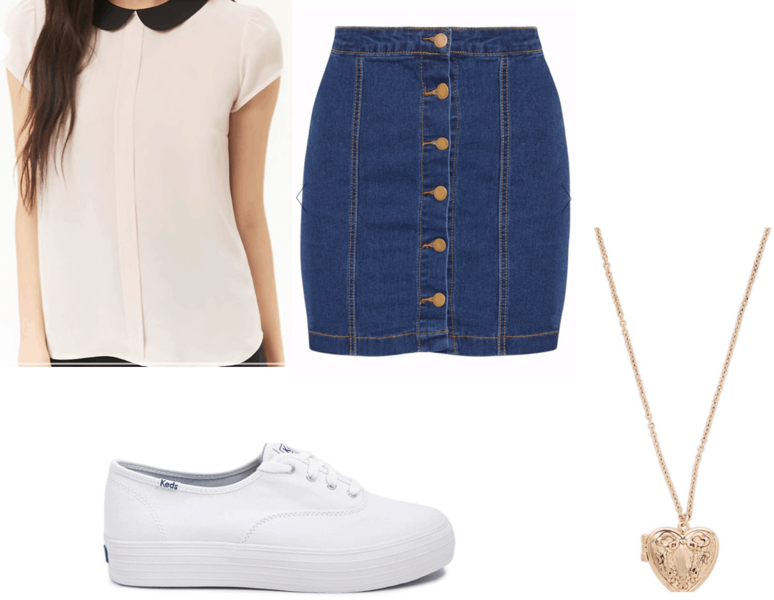 Lara jean Covey inspired outfit with denim skirt, white keds, peter pan collar blouse, heart locket