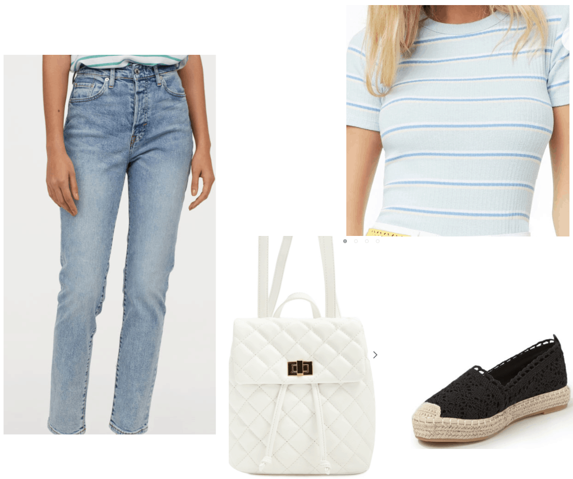 Lara jean Covey inspired outfit with mom jeans, striped tee, espadrilles, quilted backpack