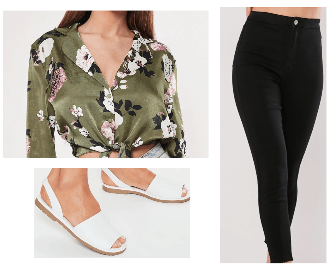 Outfit inspired by Macy from the Charmed TV show reboot - floral top, white slides, black skinny jeans