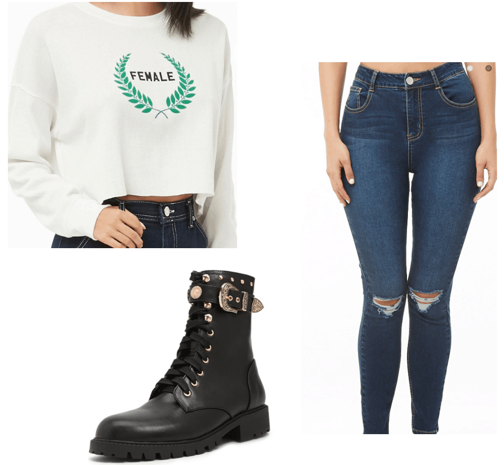 Outfit inspired by Mel from the Charmed TV show reboot - cropped sweatshirt, boots, ripped jeans