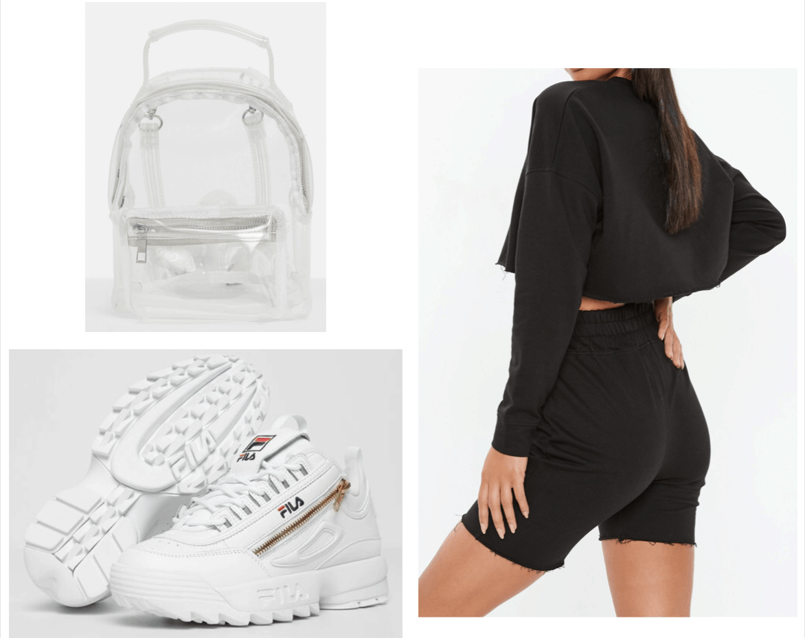 Outfit inspired by Sayeh Sharelo with black two piece set, white sneakers, clear backpack