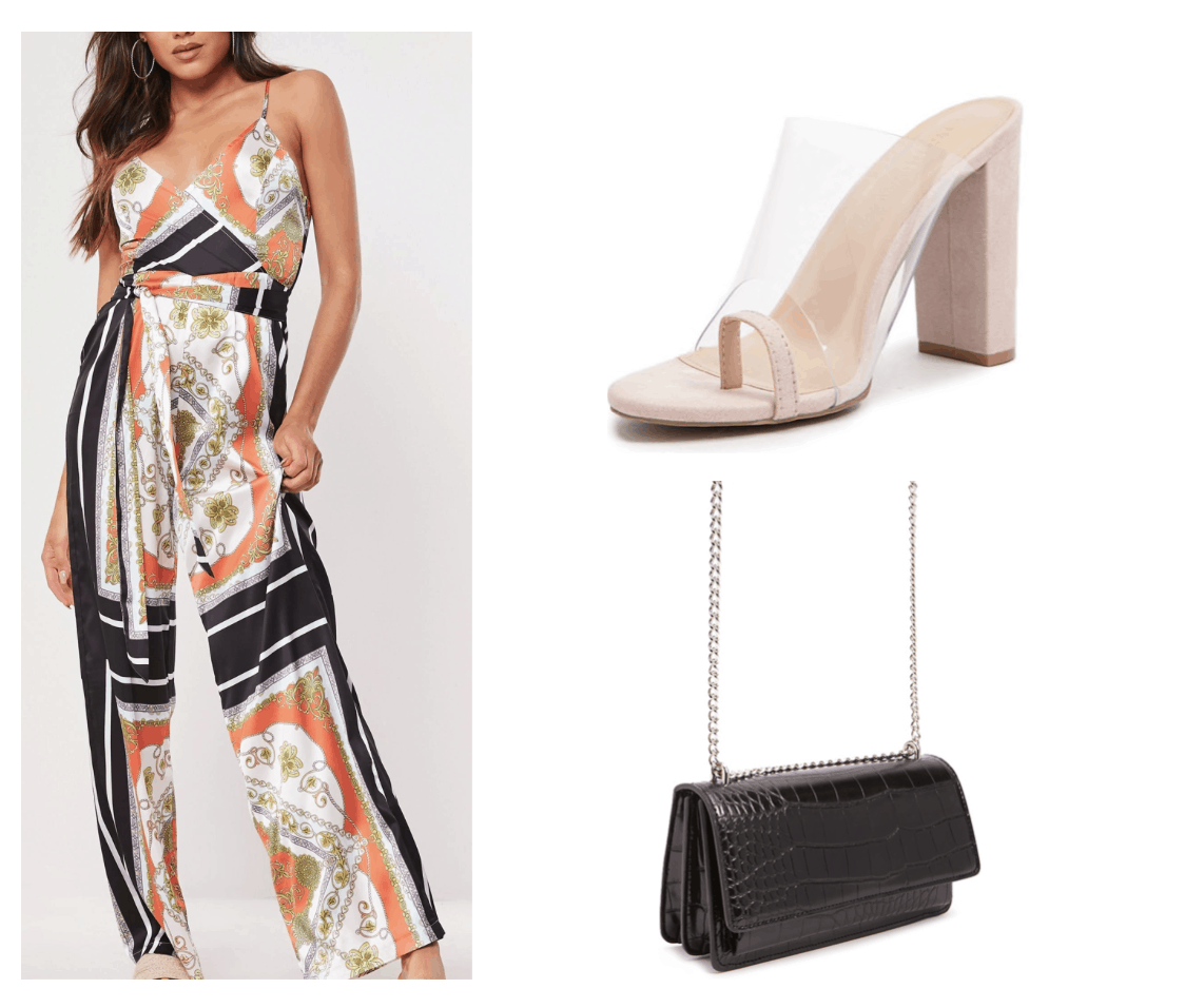 Outfit inspired by Sayeh Sharelo with patterned jumpsuit, clear heels, chain strap bag