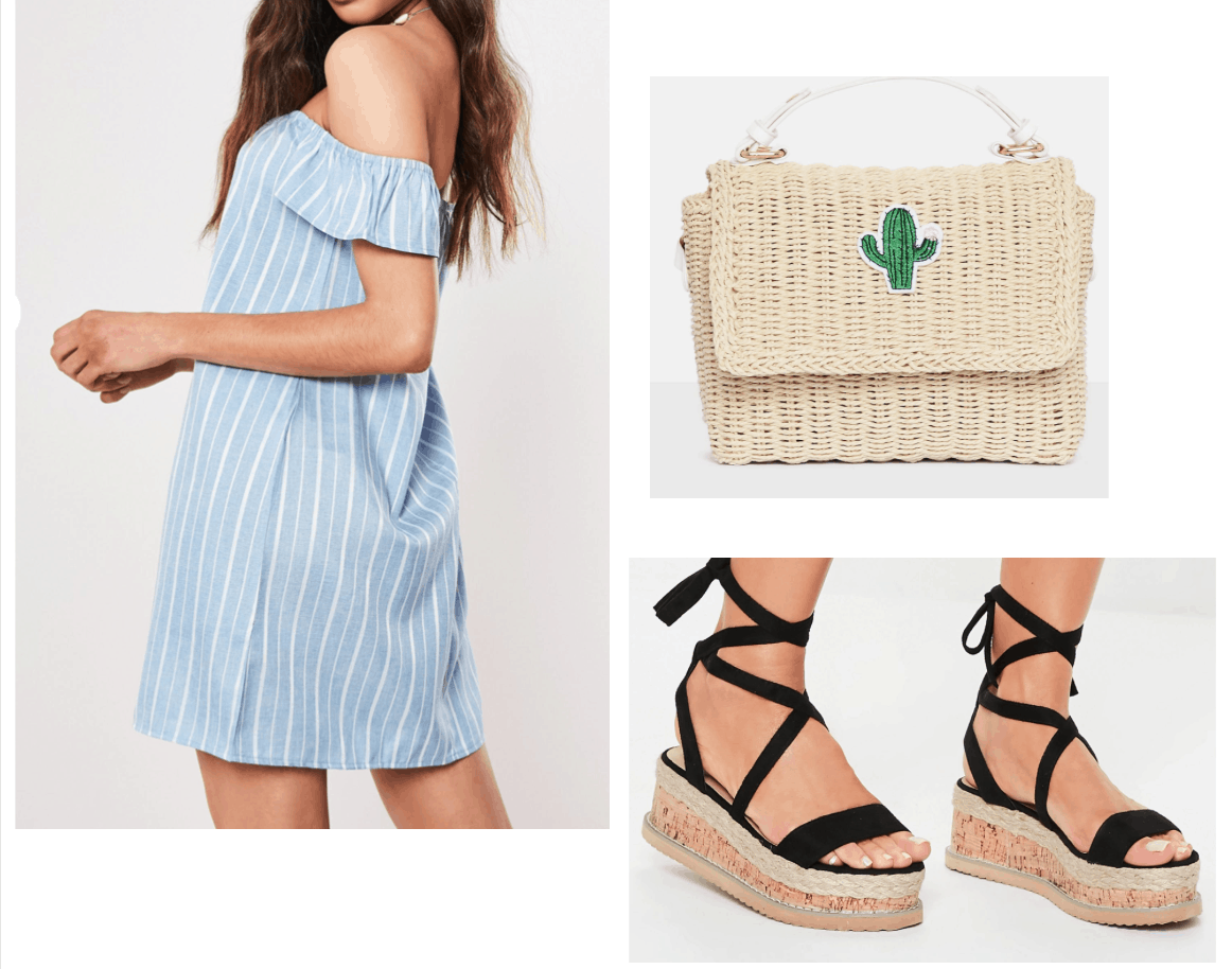 Outfit inspired by Sayeh Sharelo with off-shoulder dress, cactus purse, 