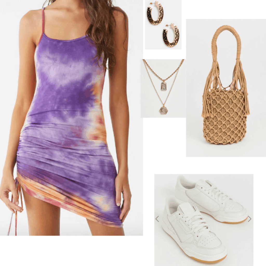 How to wear tie dye: Outfit for a summer day with tie dye dress, white chunky sneakers, woven bag, layered necklaces