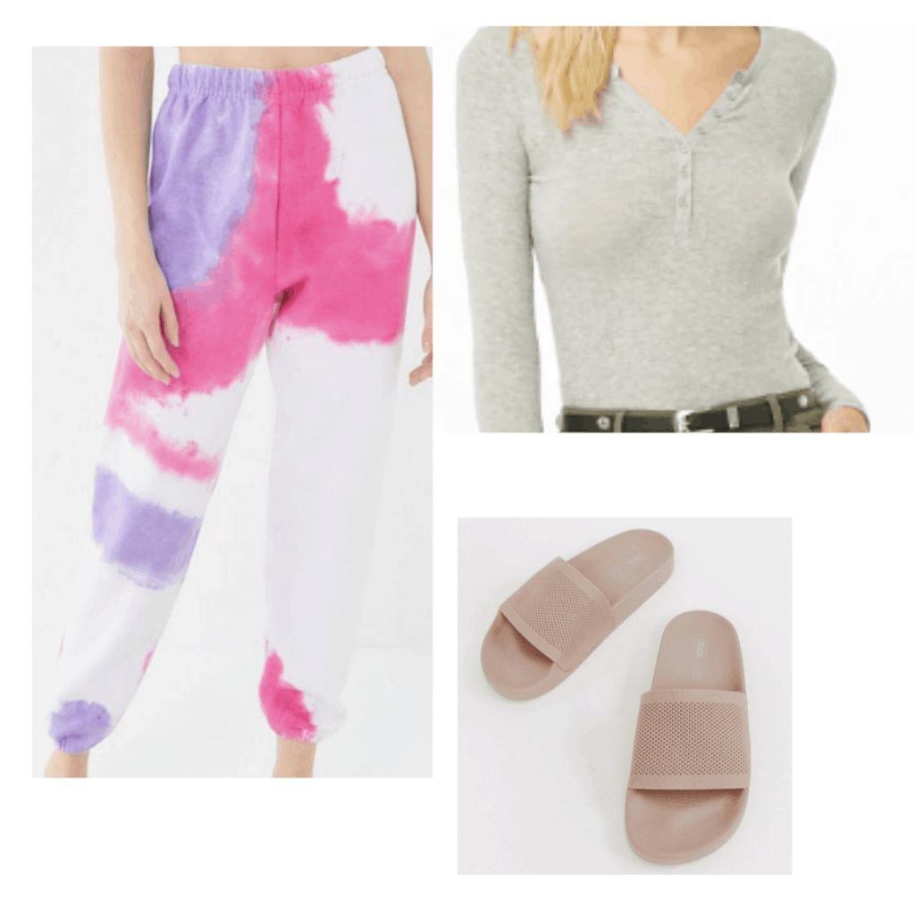 Tie dye loungewear outfit with tie dye sweats, white button-front bodysuit and slides