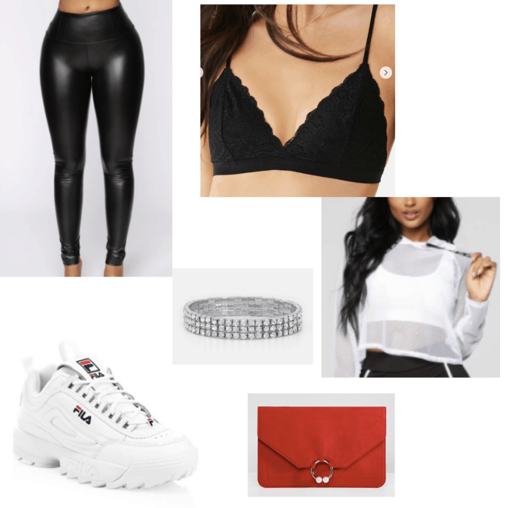 White fila sneakers outfit with black bralette, leather leggings, mesh hoodie, bracelet, red clutch