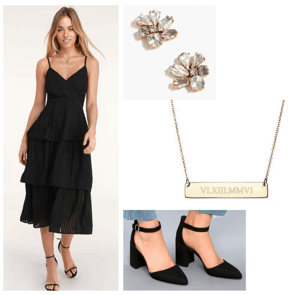 Classic little black dress graduation outfit set with black dress, diamond earrings, personalized necklace, and black heels