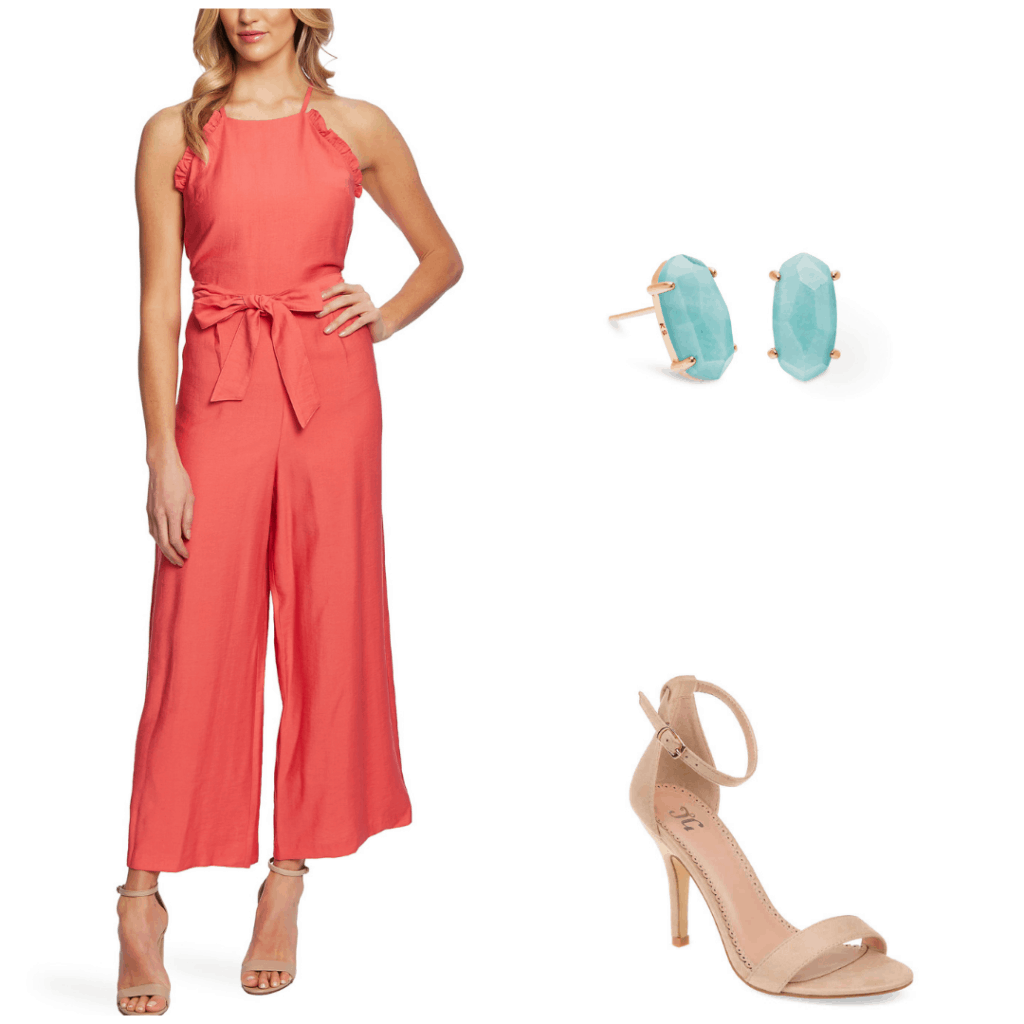 Bold graduation outfit with coral jumpsuit, teal earrings, and nude heels