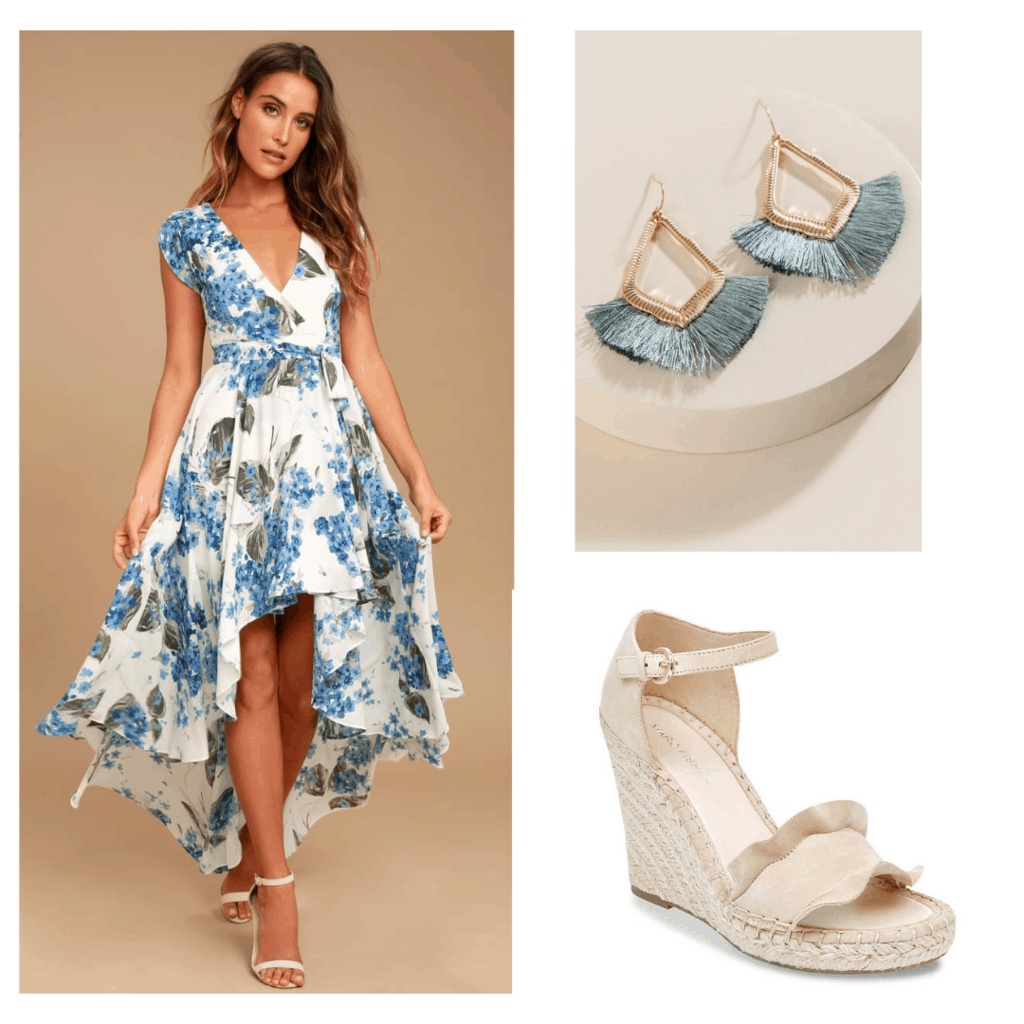 Floral dress graduation outfit set with floral blue dress, blue tassel earrings, and nude wedges