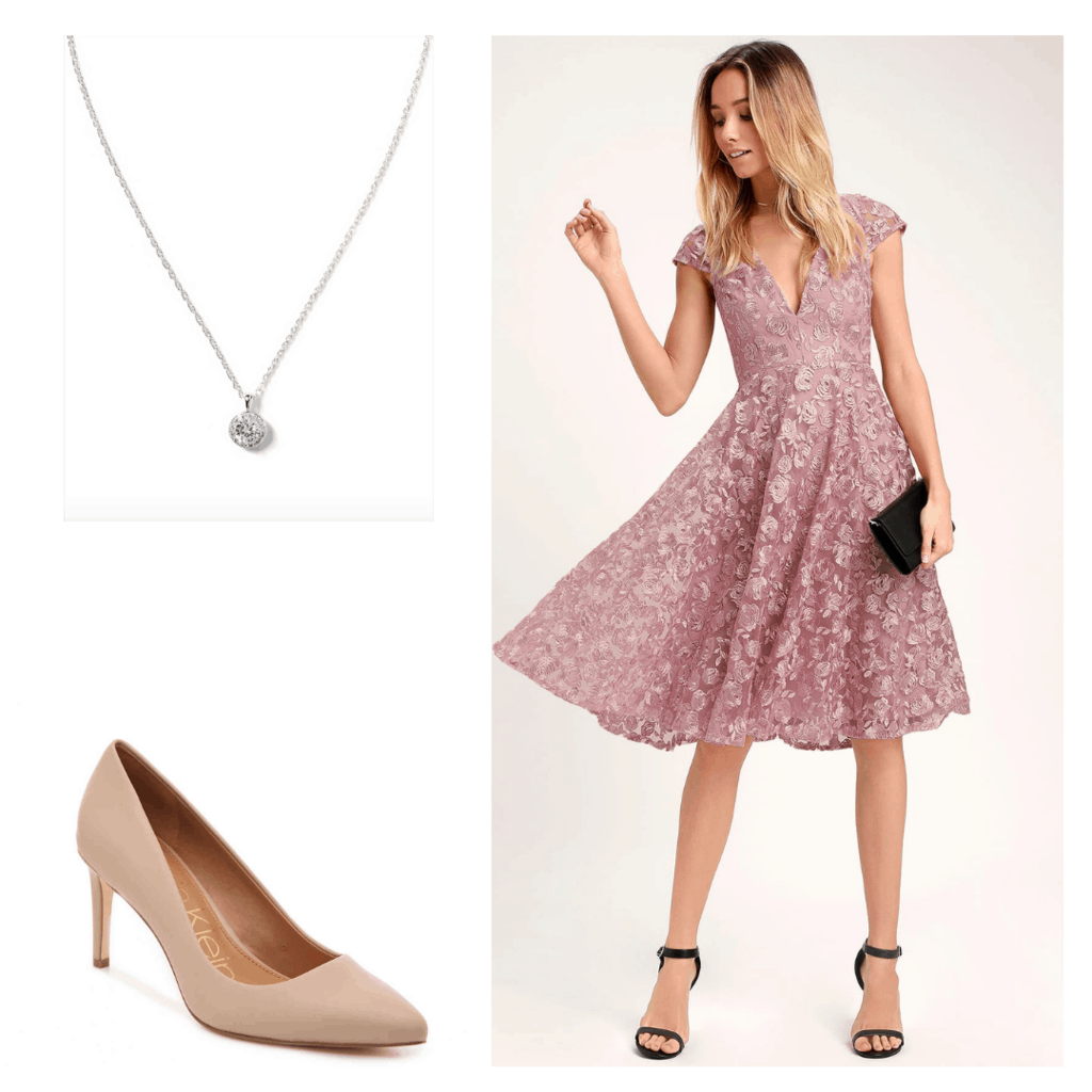 Polished graduation outfit with diamond necklace, nude heels, and a lilac satin dress