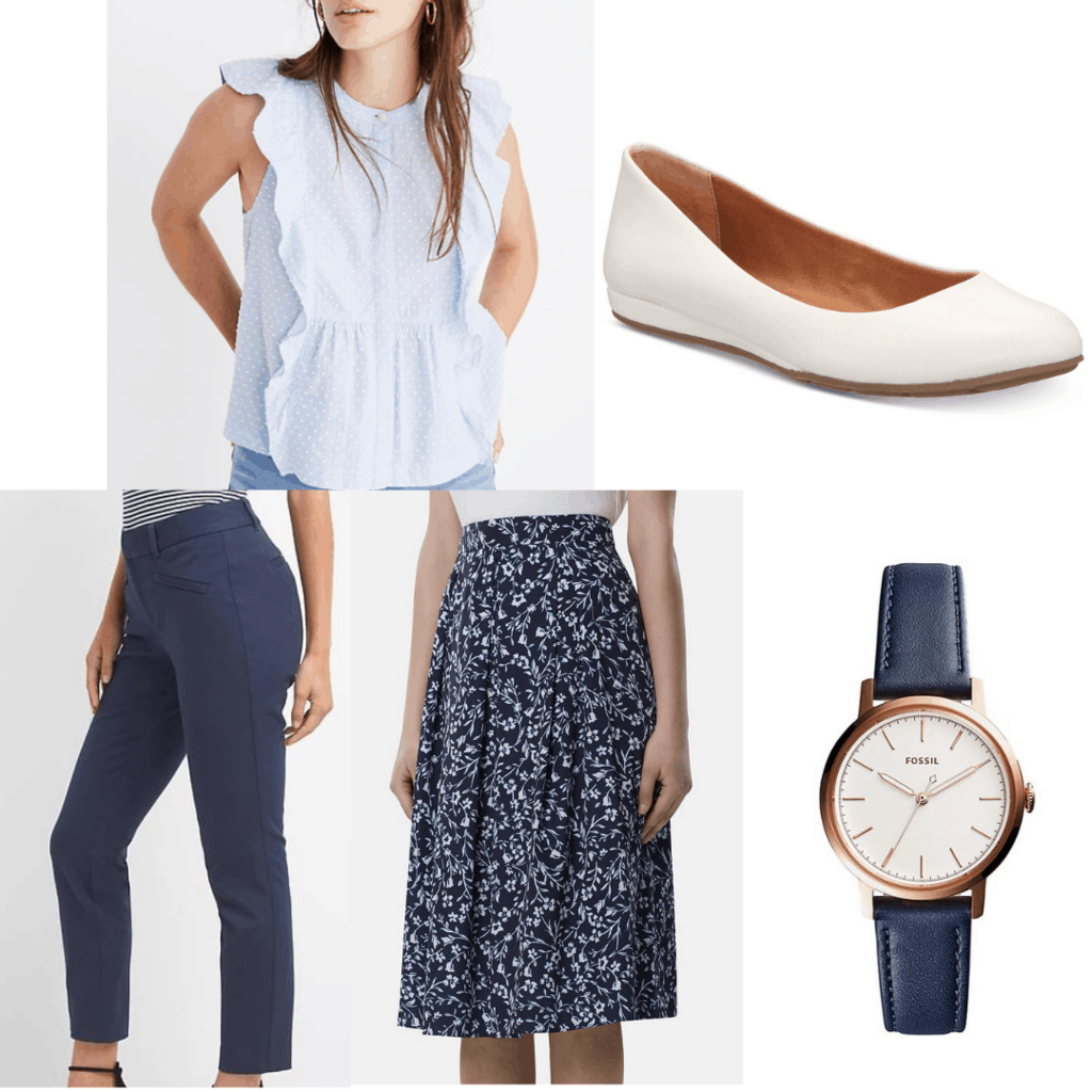 Other graduation outfit set with blue blouse, blue trousers, floral print skirt, white flats, and a navy watch