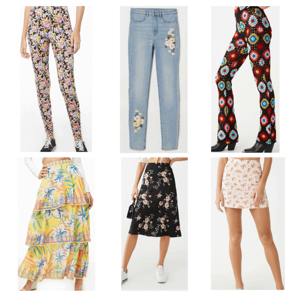 Floral Bottoms: Floral leggings, floral embroidered jeans, crochet pants, tiered maxi skirt, midi skirt, floral denim mini skirt