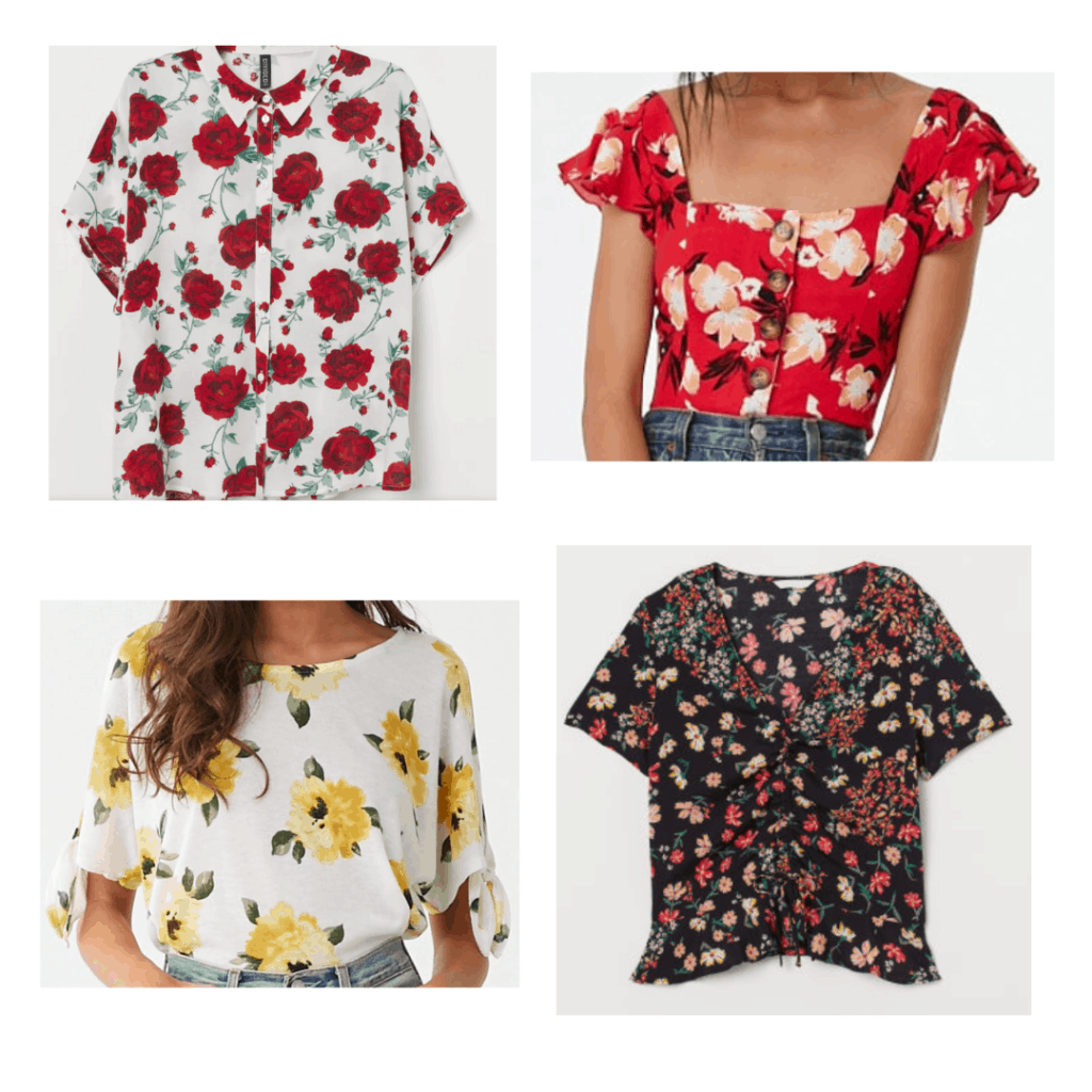 Floral tops: Button up shirt, frill sleeve top, cold shoulder top, tie-front top