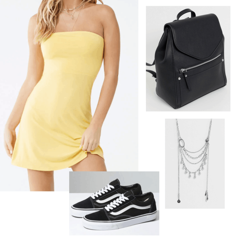 Cute dress to wear to class with black Vans, black backpack and silver necklace