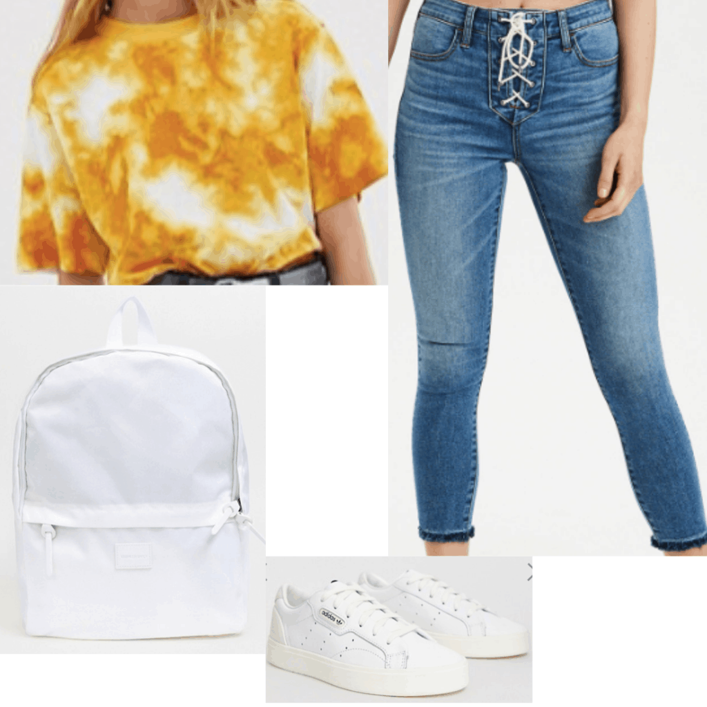 Tie dye outfit for a school day with simple jeans, tie dye tee shirt, white backpack, white sneakers