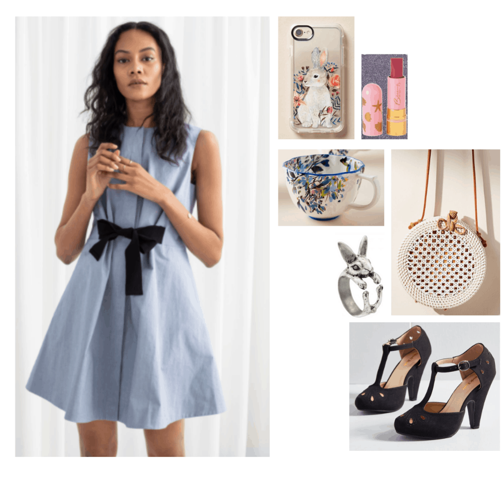 Alice in Wonderland outfits - outfit inspired by Alice's wardrobe with blue dress, mary-jane pumps, bunny ring and phone case, circle bag, tea cup