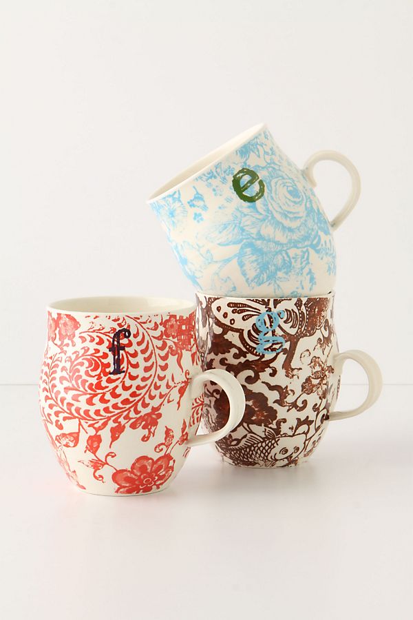 Three assorted printed monogram mugs in letter 