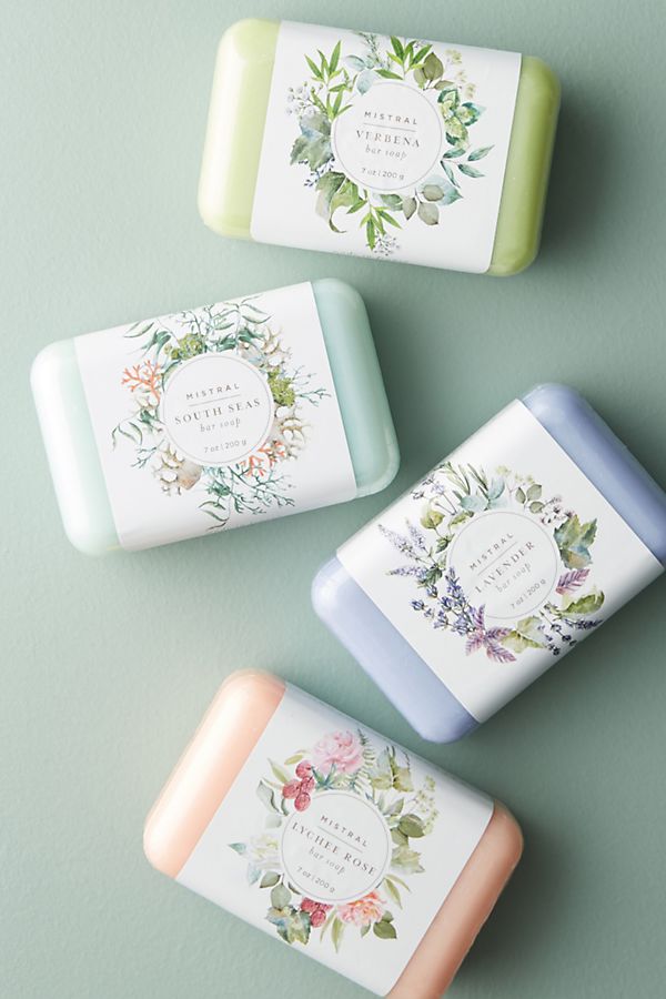 Mothers day gifts: Four assorted soap bars in Verbena (light green color), South Seas (pale turquoise color), Lavender (lavender color), and Lychee Rose (blush pink color) scents