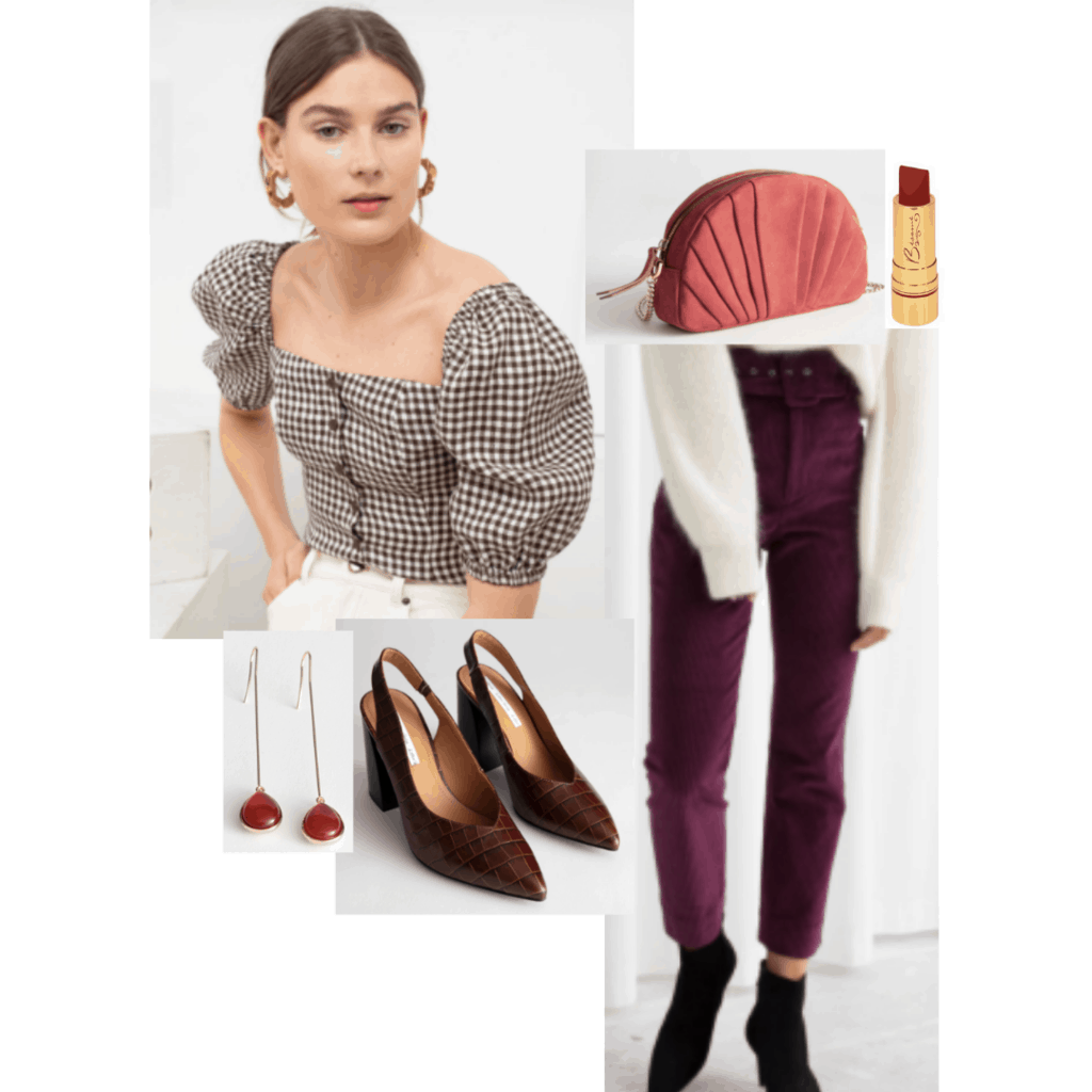 Outfit inspired by The Grand Budapest hotel: Gingham puff sleeve blouse, burgundy velvet pants, brown pumps, red lipstick