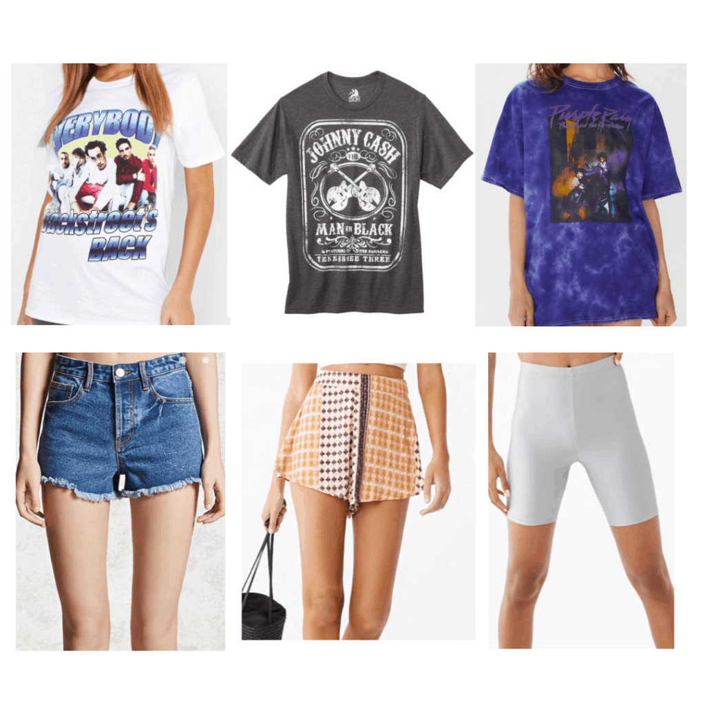 Band T-shirt outfits: Backstreet boys t-shirt, Johhny Cash t-shirt, Prince t-shirt, denim shorts, geo print shorts, biker shorts