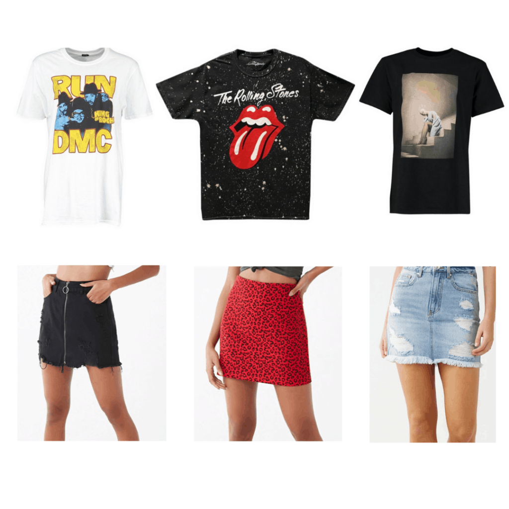 Band T-shirt outfits: Run DMC t-shirt, The Rolling Stones T-shirt, Ariana Granda T-shirt, black denim skirt, leopard print skirt, denim skirt