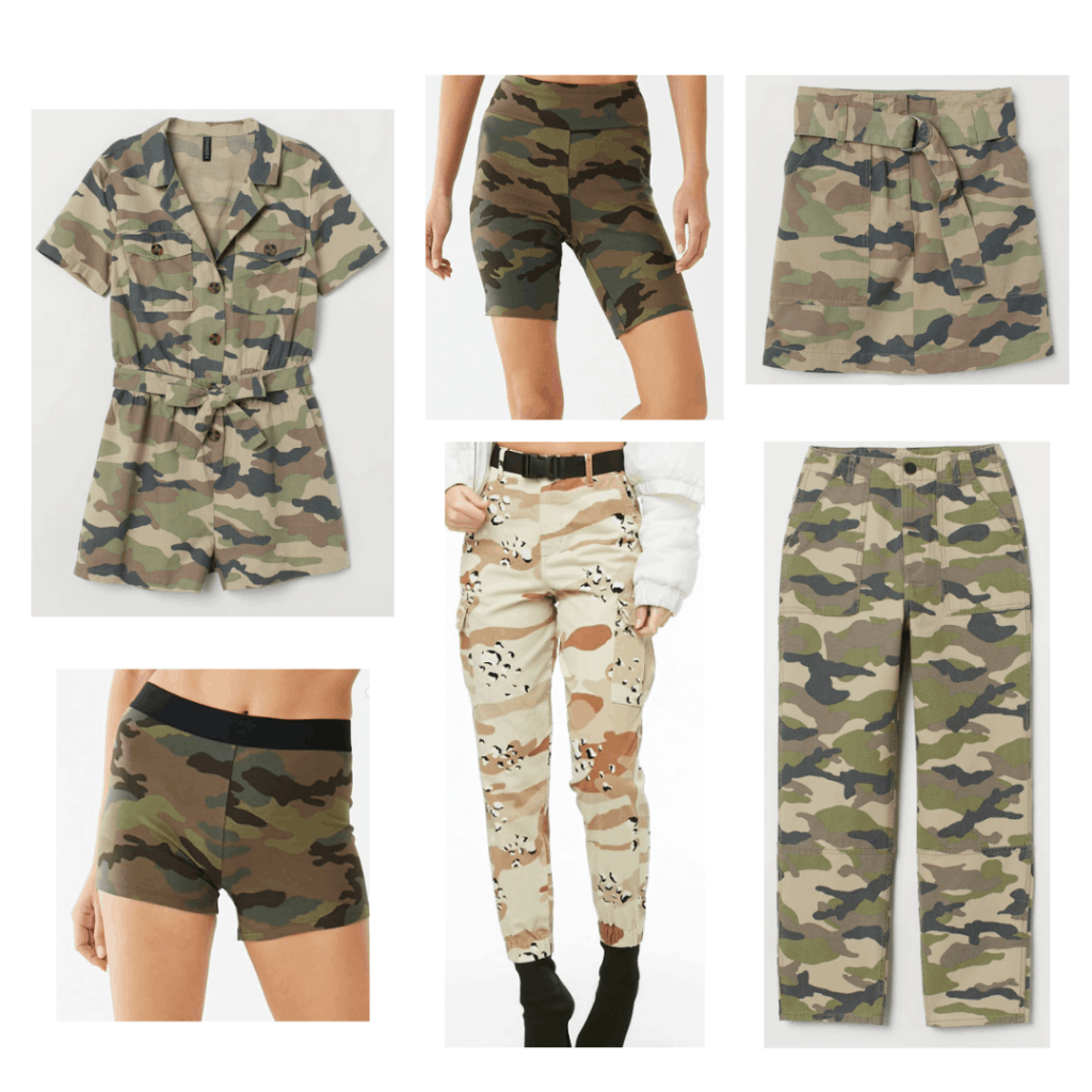 Camo Outfits: Camo Romper, Camo Biker Shorts, Camo Skirt, Camo Spandex Shorts, Camo Cargo Pants, Camo Jeans