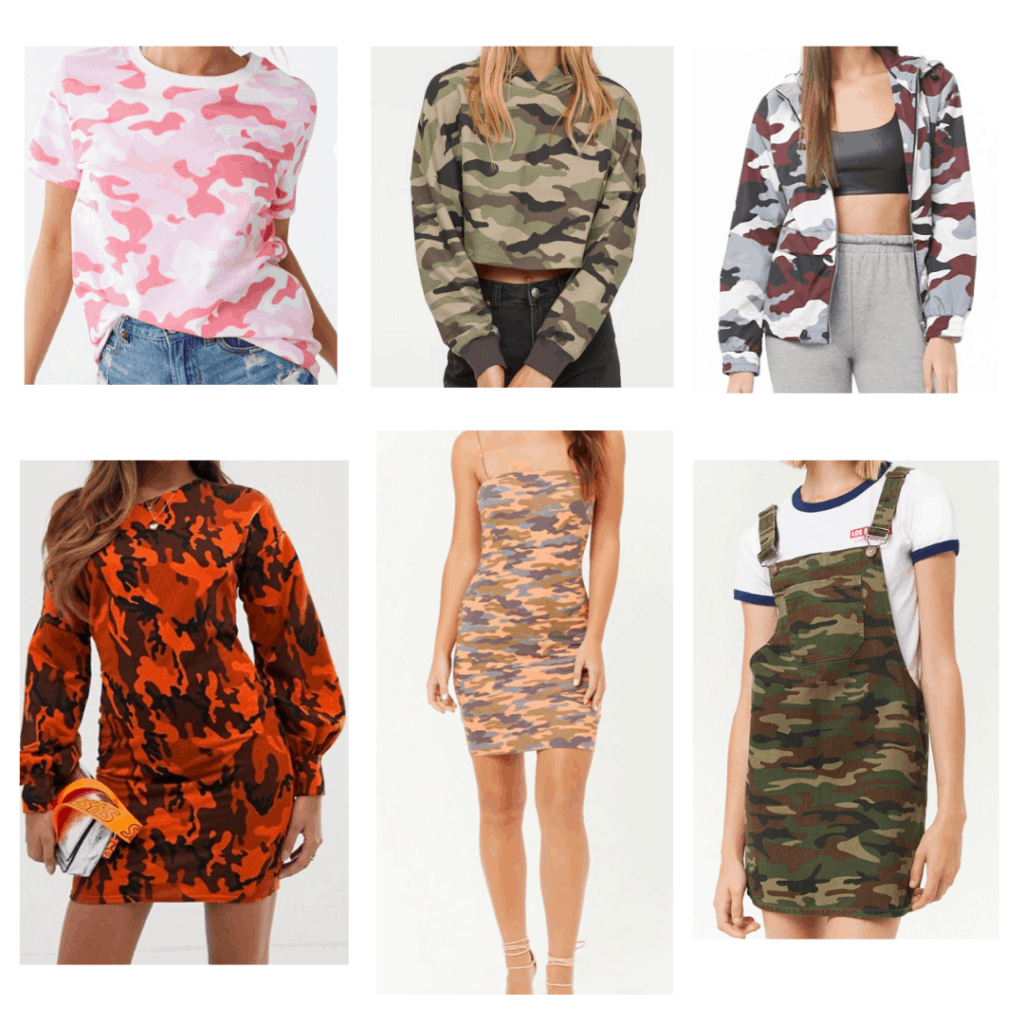 Camo Outfits: Camo Shirt, Camo Sweatshirt, Camo Windbreaker, Camo Sweatshirt Dress, Camo Mini Dress, Camo Overall Dress