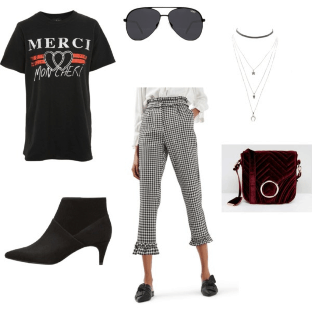 Outfit inspired by Caroline Daur (@carodaur)'s style: graphic tee, checked pants, velvet bag