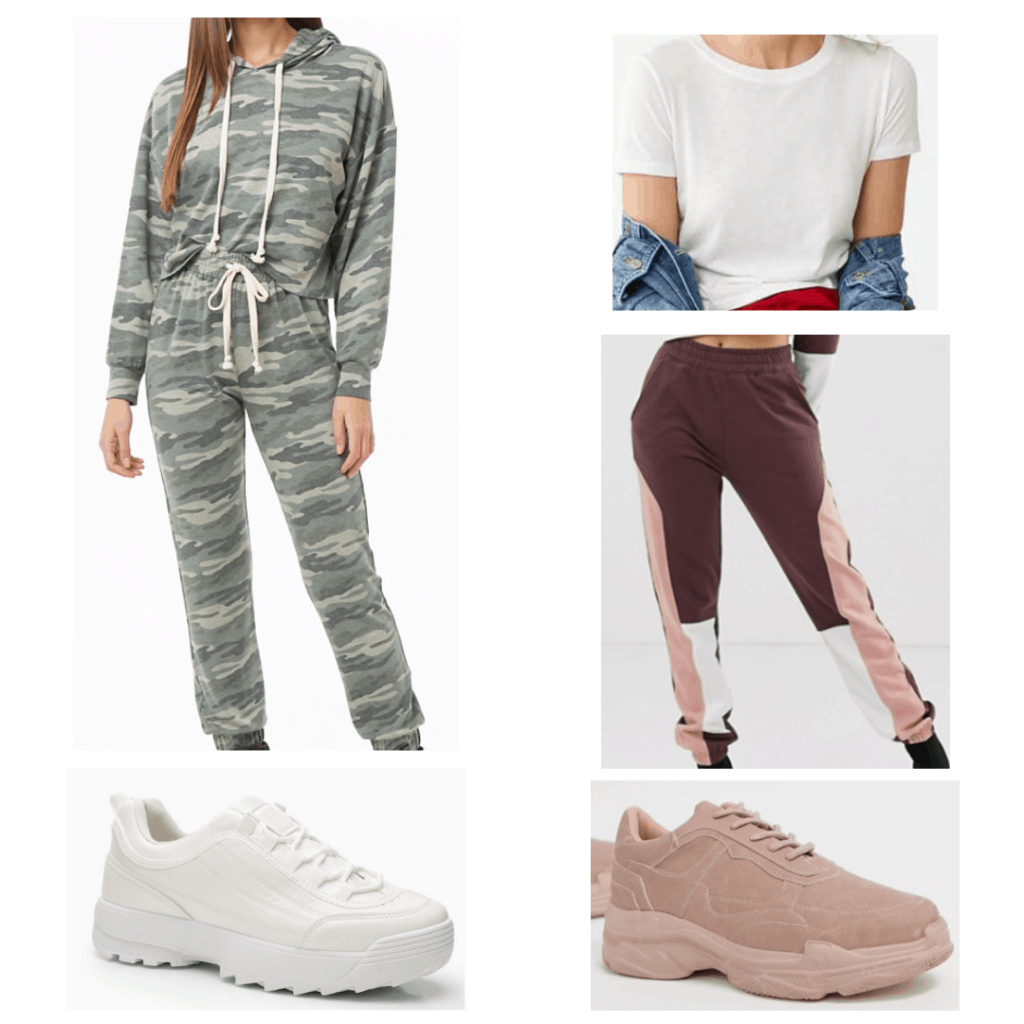 Dad shoes outfits: camo sweatsuit, white t-shirt, two panel joggers, white dad shoes, pink dad shoes