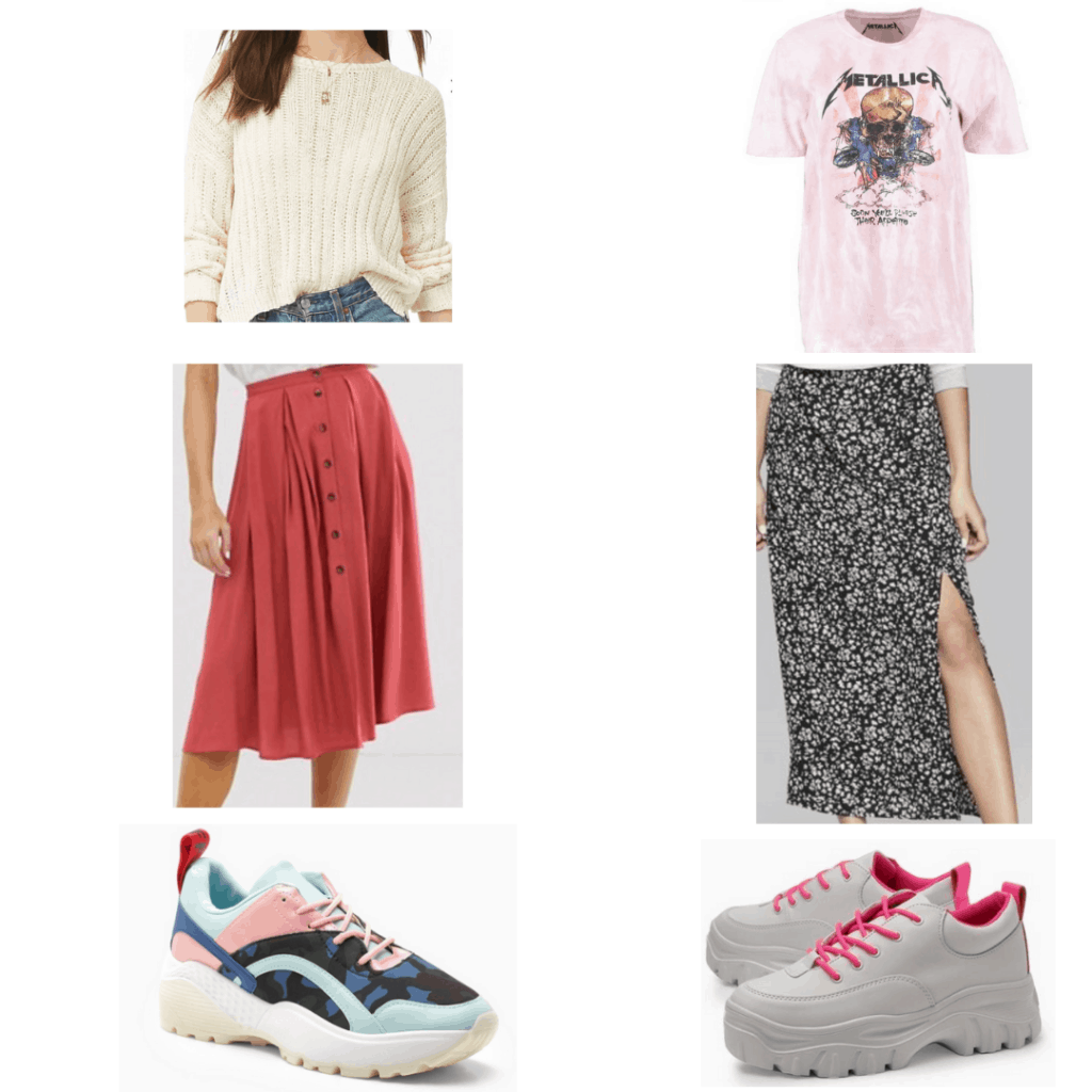 Dad shoes outfit: open knit sweater, Metallica band t-shirt, button front midi skirt, maxi skirt with slit, camo dad shoes, neon dad shoes