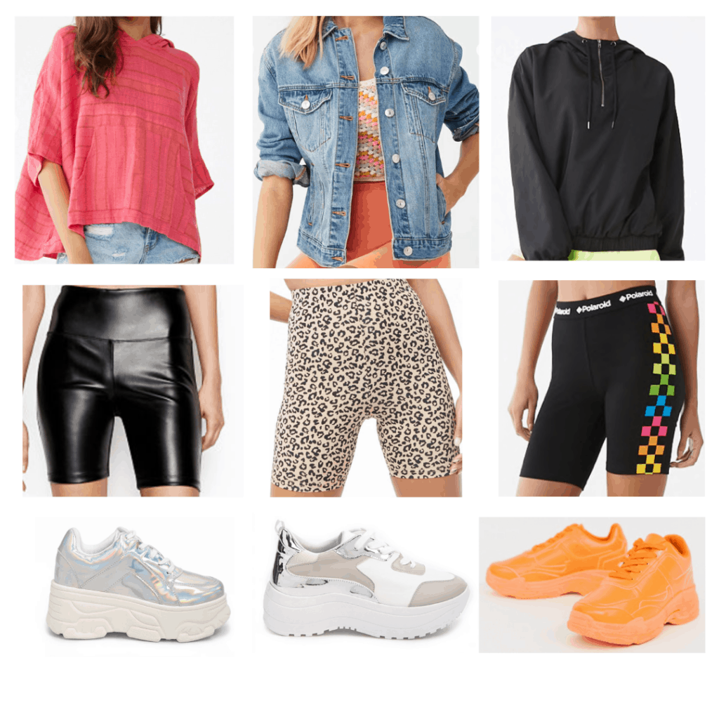 Dad Shoes: Hooded top, denim jacket, hooded anorak, leather biker shorts, leopard biker shorts, Polaroid biker shorts, iridescent dad shoes, platform dad shoes, orange dad shoes