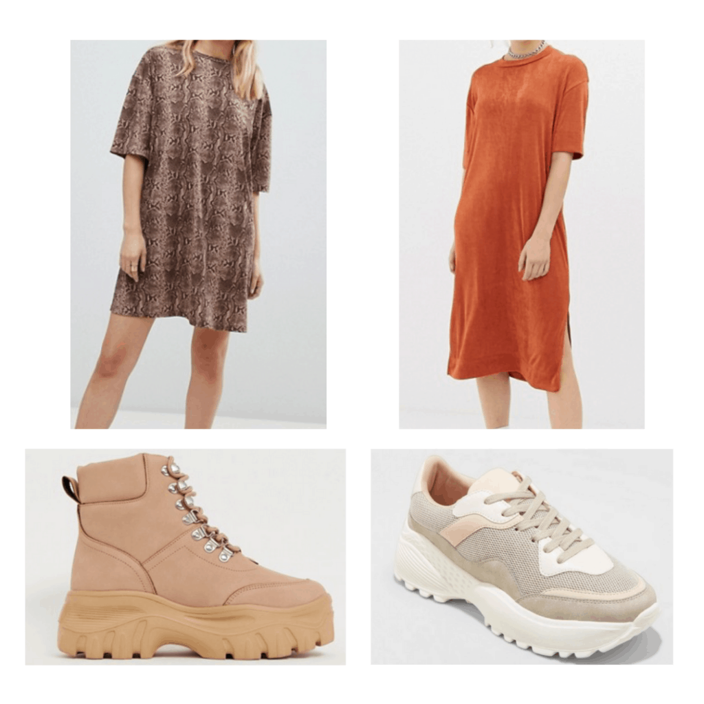 Dad shoes outfits: snakeskin shirt dress, slinky shirt dress, boot dad shoes, tan dad shoes