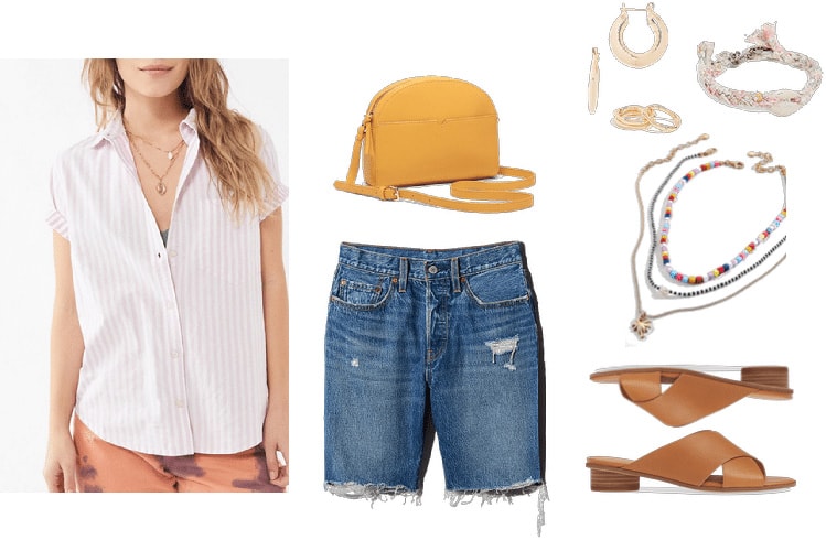 Denim bermuda shorts outfit with white button down shirt, distressed bermuda shorts, yellow bag, sandals, layered necklaces and friendship bracelets