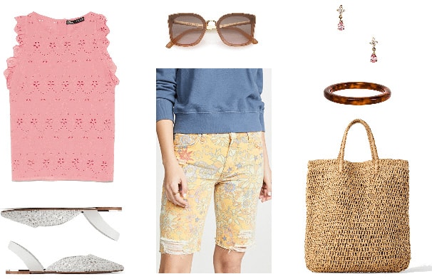 Denim bermuda shorts outfit with floral bermuda shorts, pink tank, slip on sandals, sunglasses, woven bag