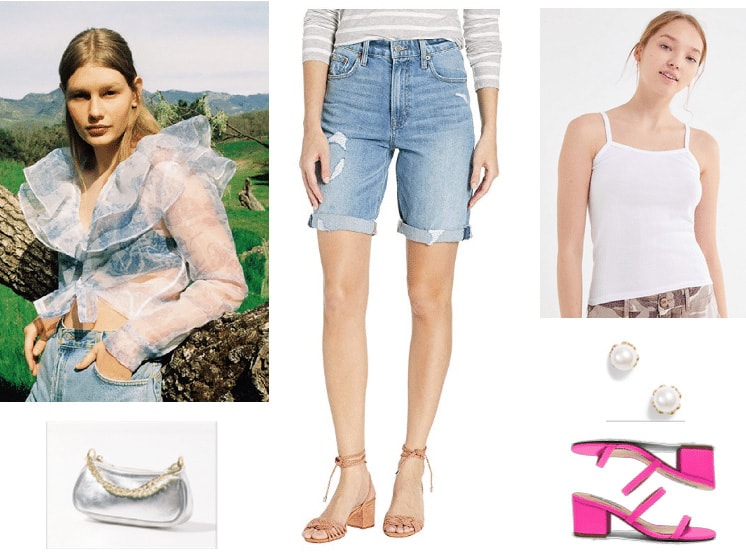 Denim bermuda shorts outfit with sheer ruffle top, white tank, pink sandals, pearl earrings, metallic bag