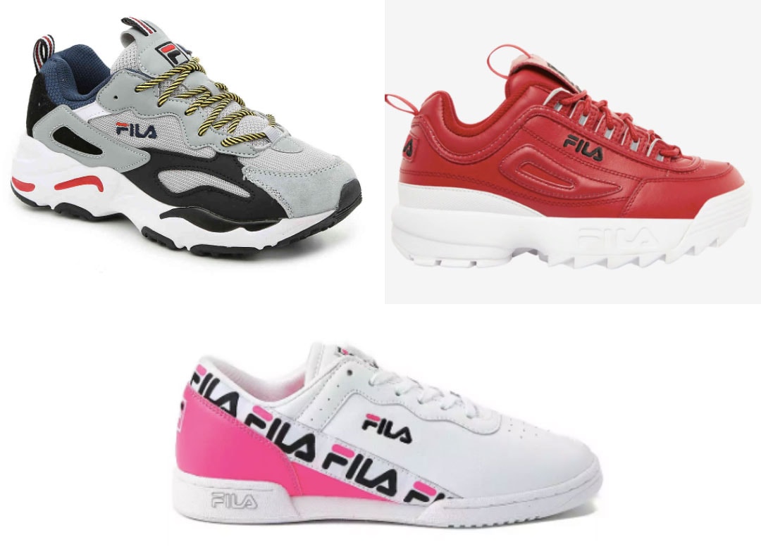 Fila sneakers trend - black and gray fila sneakers, red platform filas, and pink black and white low fila sneakers