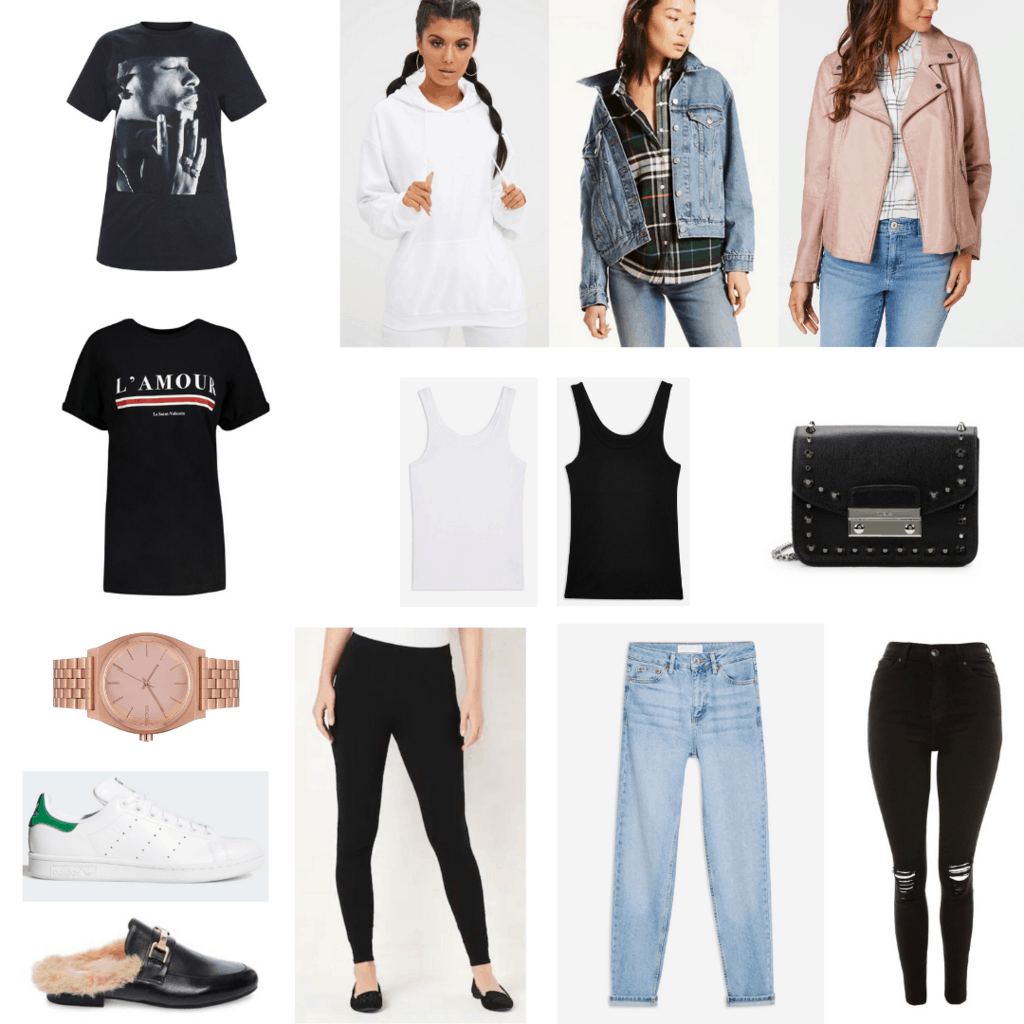 Finals week capsule: Oversized graphic tees, tanks, hoodie, moto jacket, denim jacket, mini bag, 2 pairs jeans, 1 pair leggings, 2 pairs shoes, watch